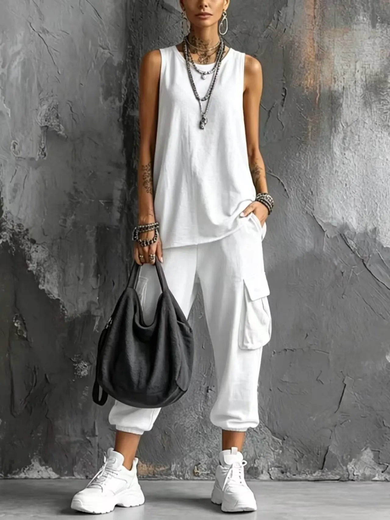 Dark Gray Sleeveless Tank & Cargo Pants Set