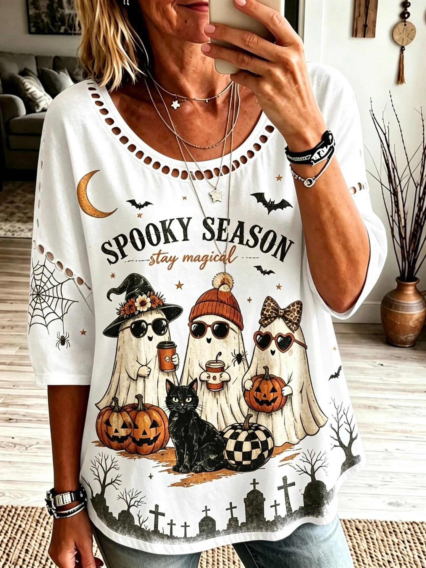 Halloween Spooky Season Ghost Pumpkin Print Crew Neck Short Sleeve T‑Shirt