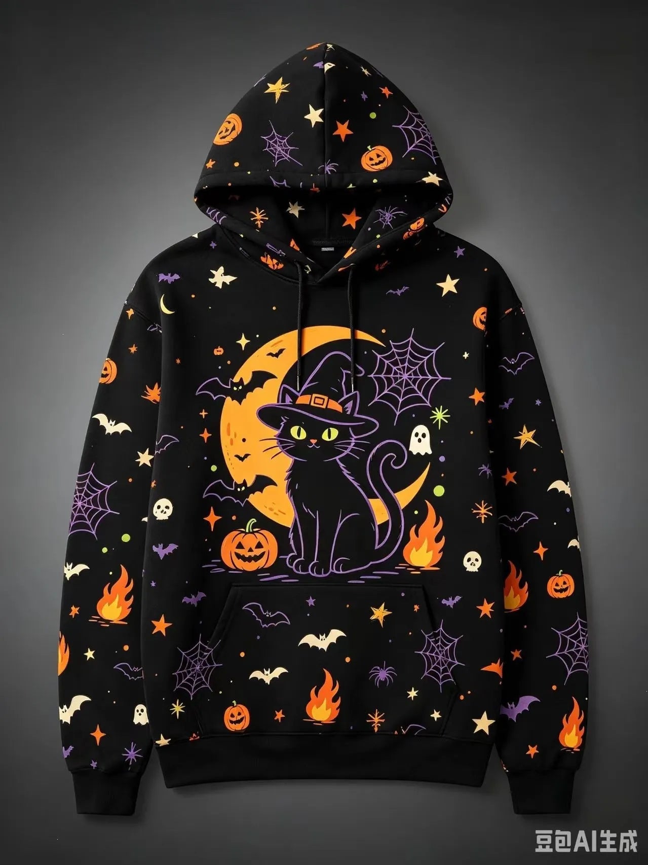 Halloween Black Cat Pumpkin Bat Moon Graphic Hoodie