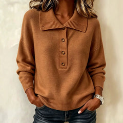 Burgundy Collared Henley Knit Sweater Button Front Long Sleeve Loose Pullover