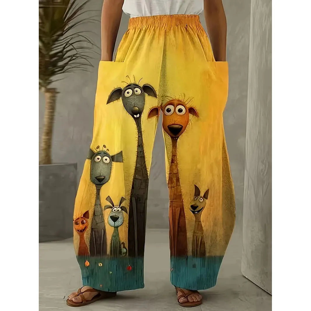 Printed Flare Work Pants | Mid Waist Doodle Heart Print Loose Wide Leg Casual Trousers