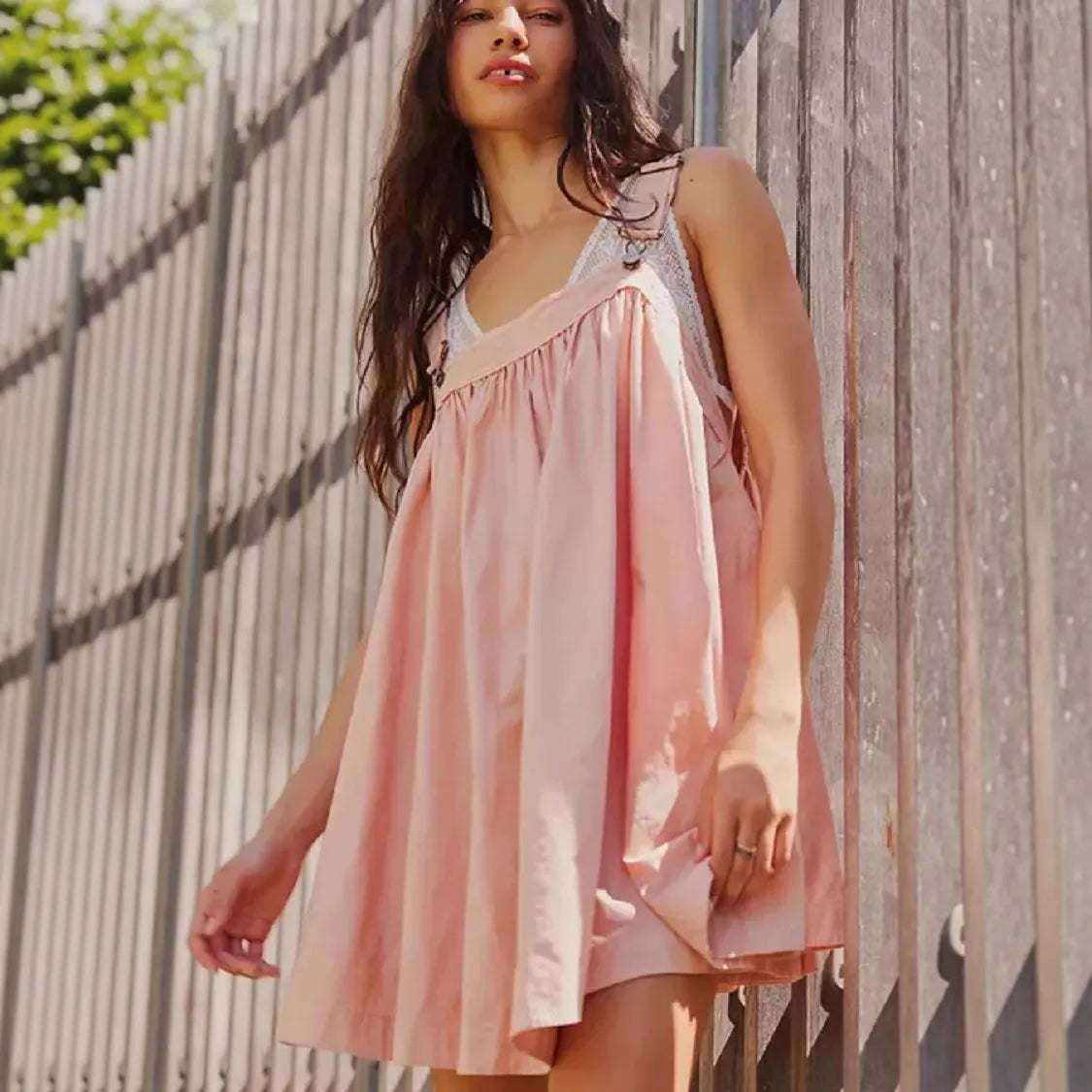 Pink Lace Trim Suspender Babydoll Loose Swing Mini Dress