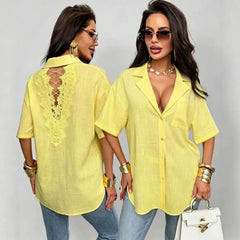 Solid Lapel Short Sleeve Back Hollow Lace Cutout Button Down Shirt