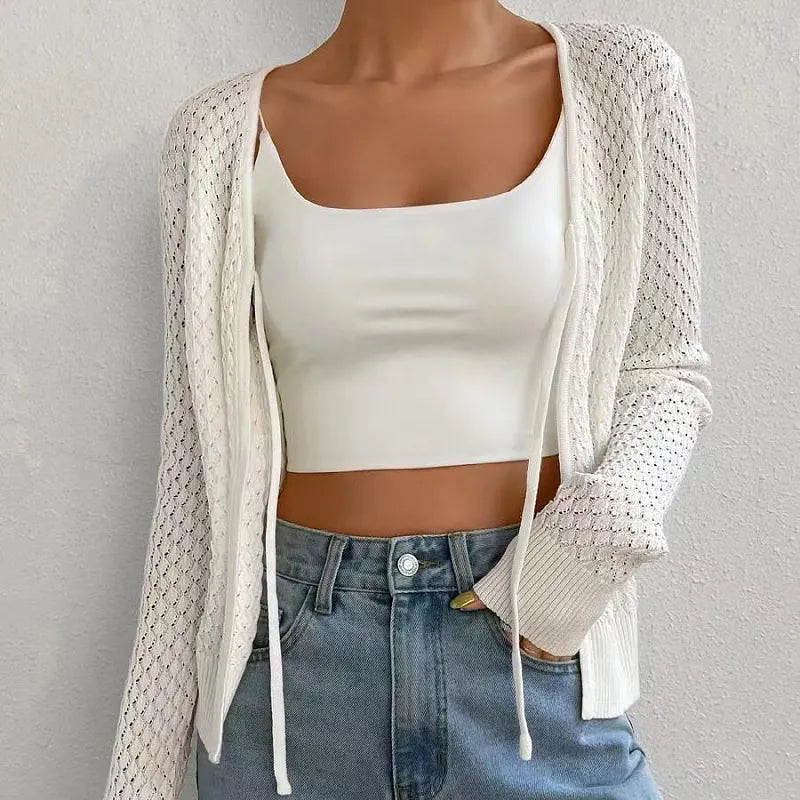 Geometric Pattern Knit Long Sleeve Cardigan, Loose V-Neck Lace-Up Sweater