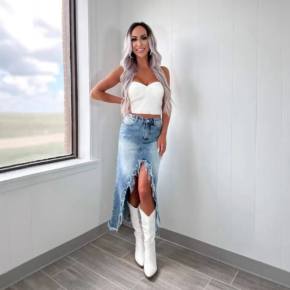 High Waist Gradient Denim Midi Skirt