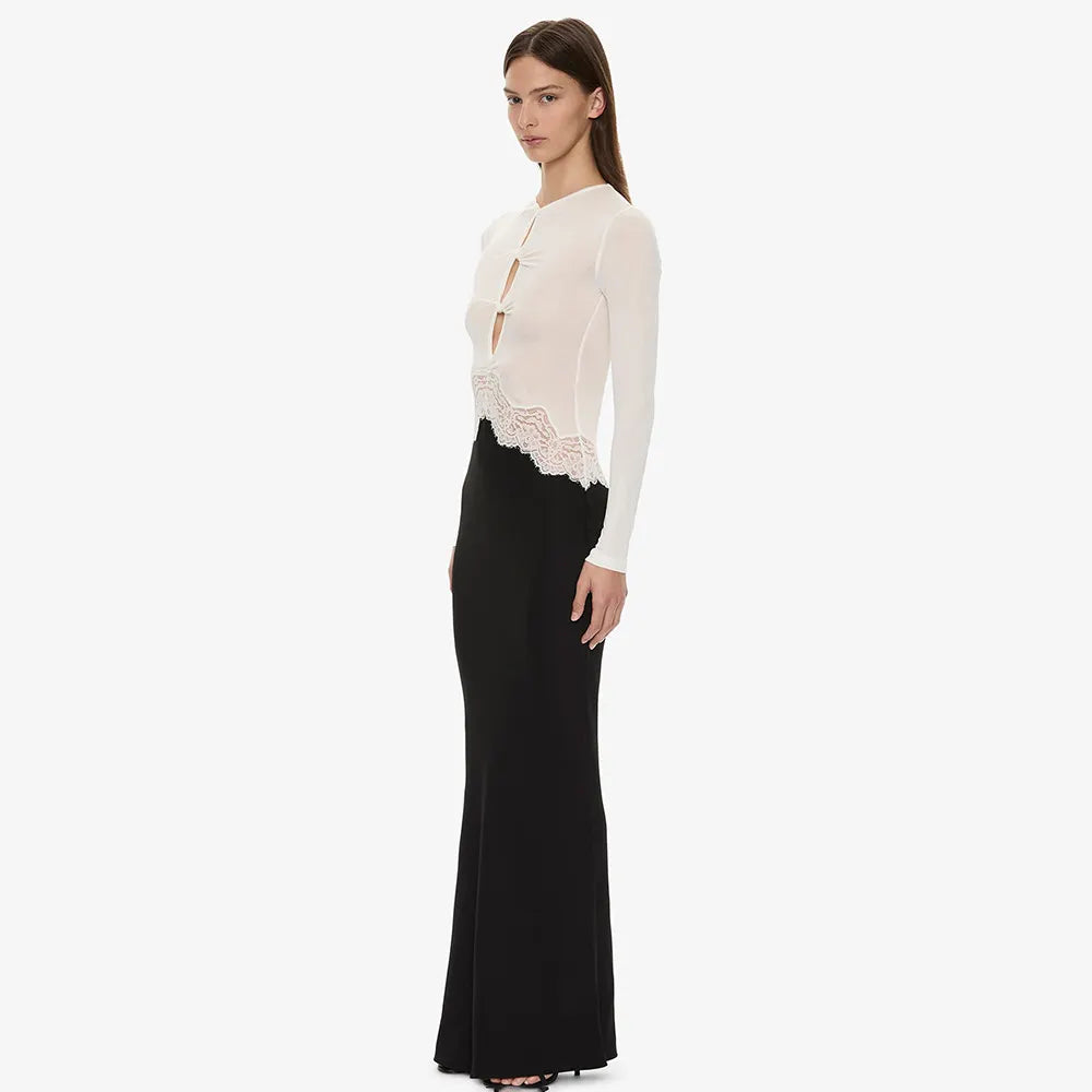 Contrast Color Spliced Hollow Out Long Sleeve Maxi Dress