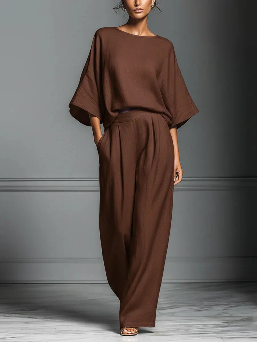 Brown Batwing Sleeve Top & Wide-Leg Pants Two-Piece Set
