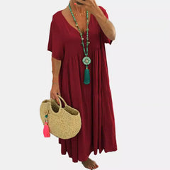Solid Color V-Neck Short Sleeve Loose Tiered Maxi Dress