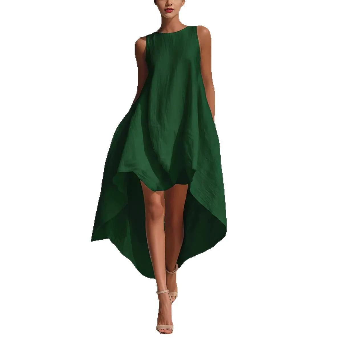 Round Neck Sleeveless High Low Linen Midi Dress