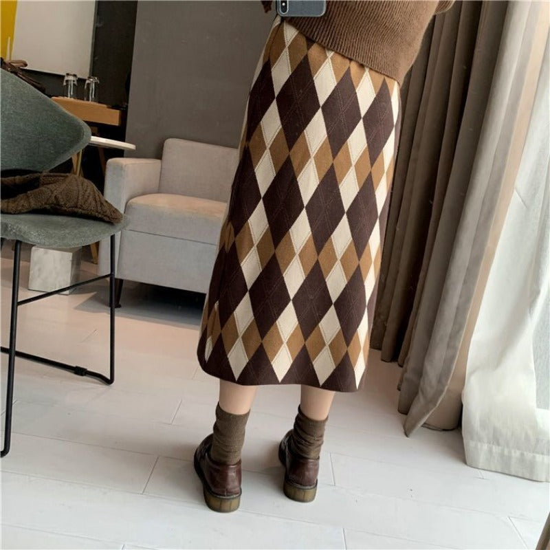 Argyle Knit A-Line Mid-Calf Skirt