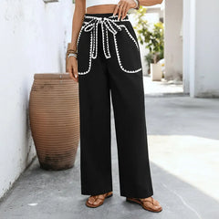 Contrast Lace Trim Wide Leg Pants - High Waist Tie Front Casual Trousers