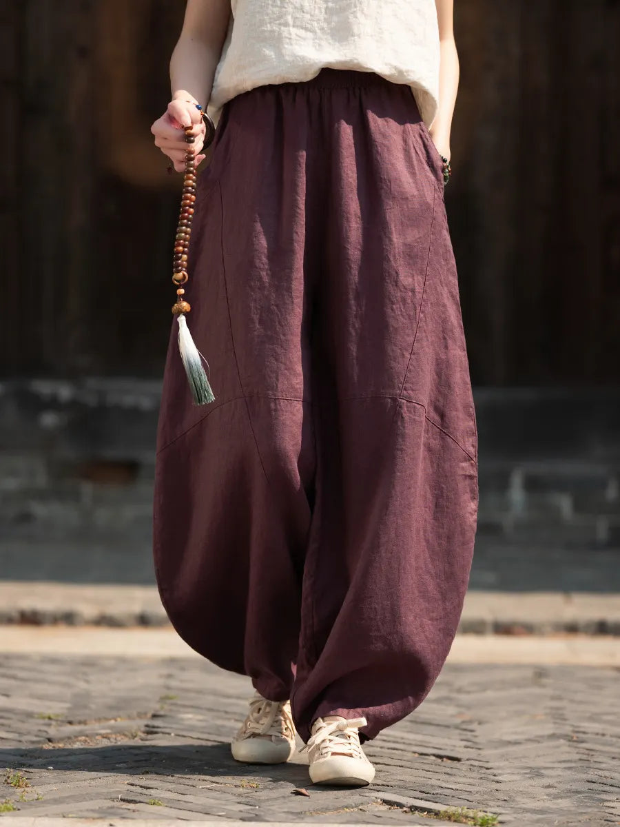 Matching Flowy Linen Elastic Drawstring Waist Spliced Retro Zen Loose Harem Long Casual Daily Outfit Pants