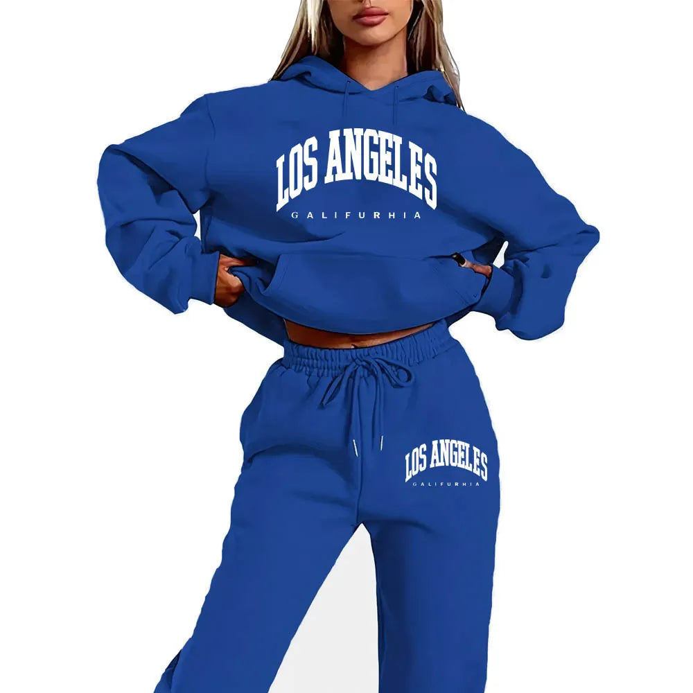 Los Angeles Letter Print Hoodie & Drawstring Sweatpants Two Piece Tracksuit