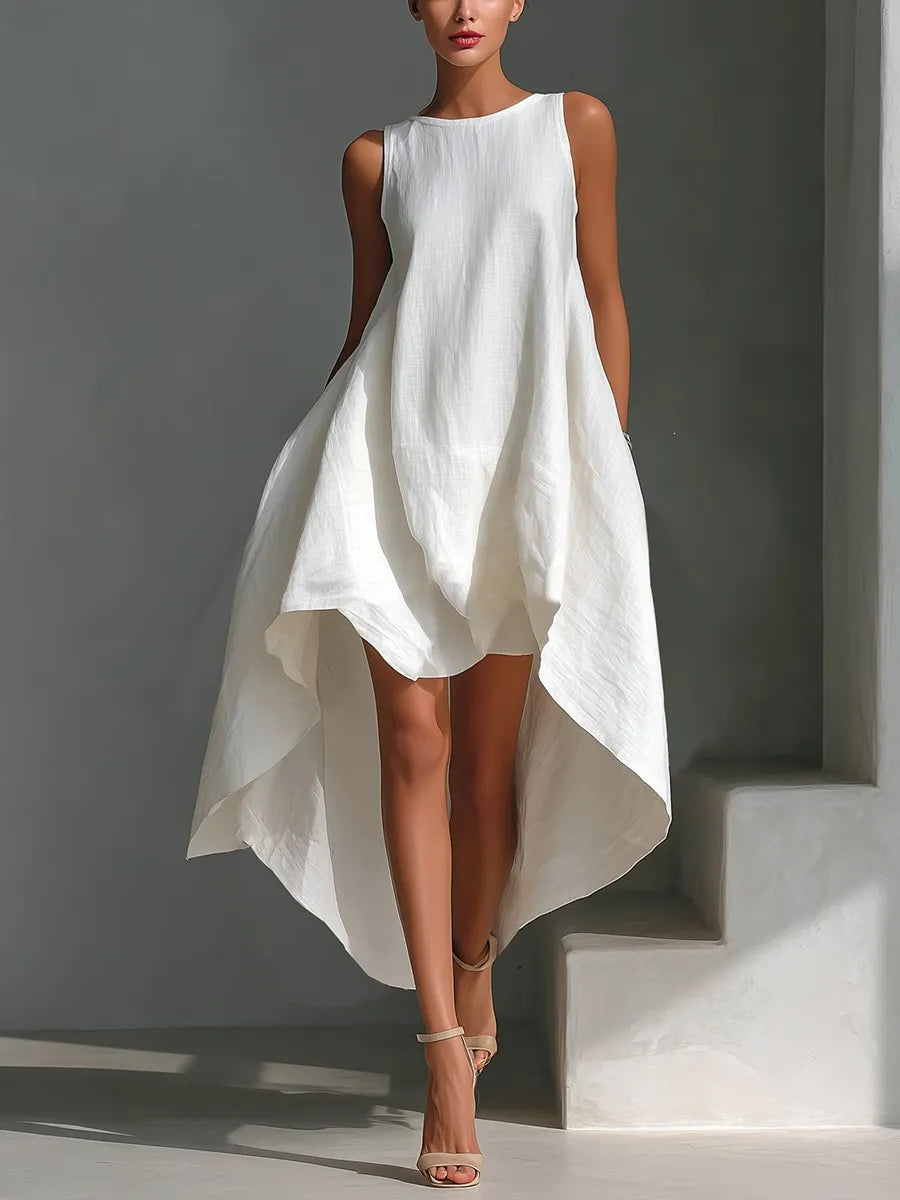 Round Neck Sleeveless High Low Linen Midi Dress
