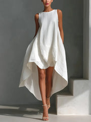 Round Neck Sleeveless High Low Linen Midi Dress