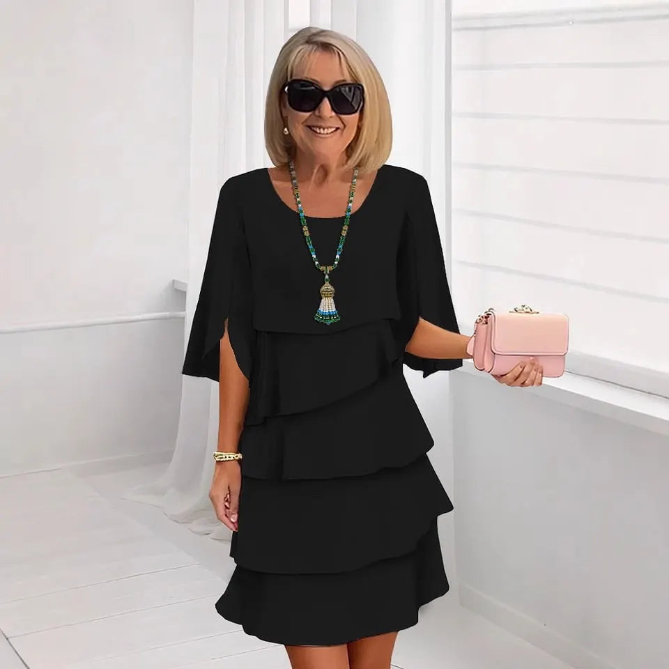 Round Neck Split Sleeve Tiered Ruffle Midi Dress
