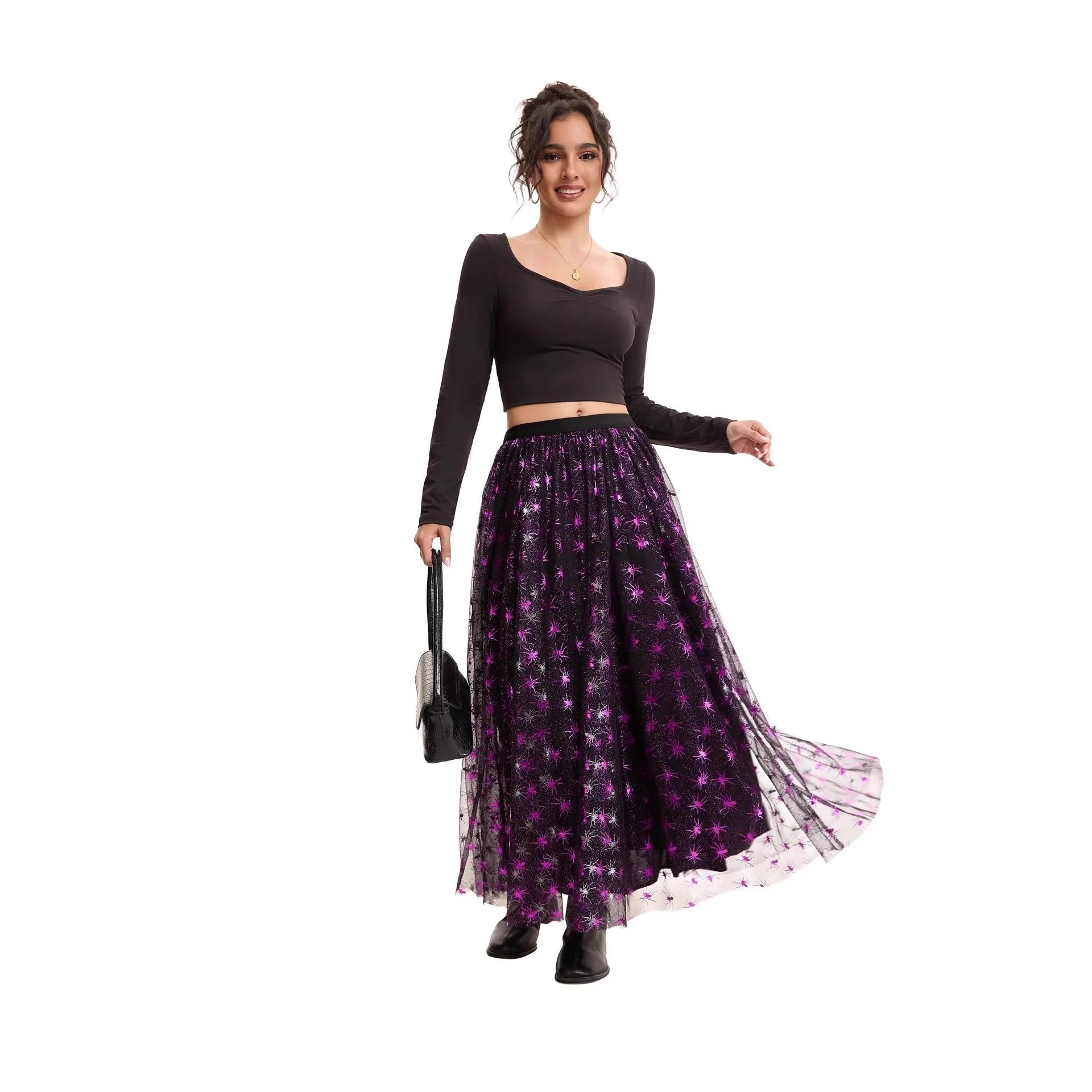 Halloween Pumpkin Witch Bat Print Tulle Long Maxi Skirt