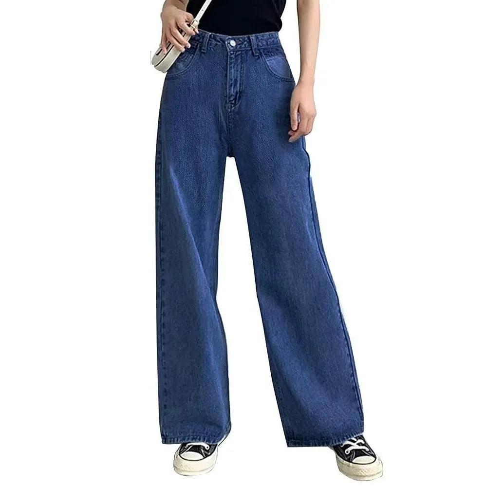 High‑Waist Washed Wide Leg Jeans
