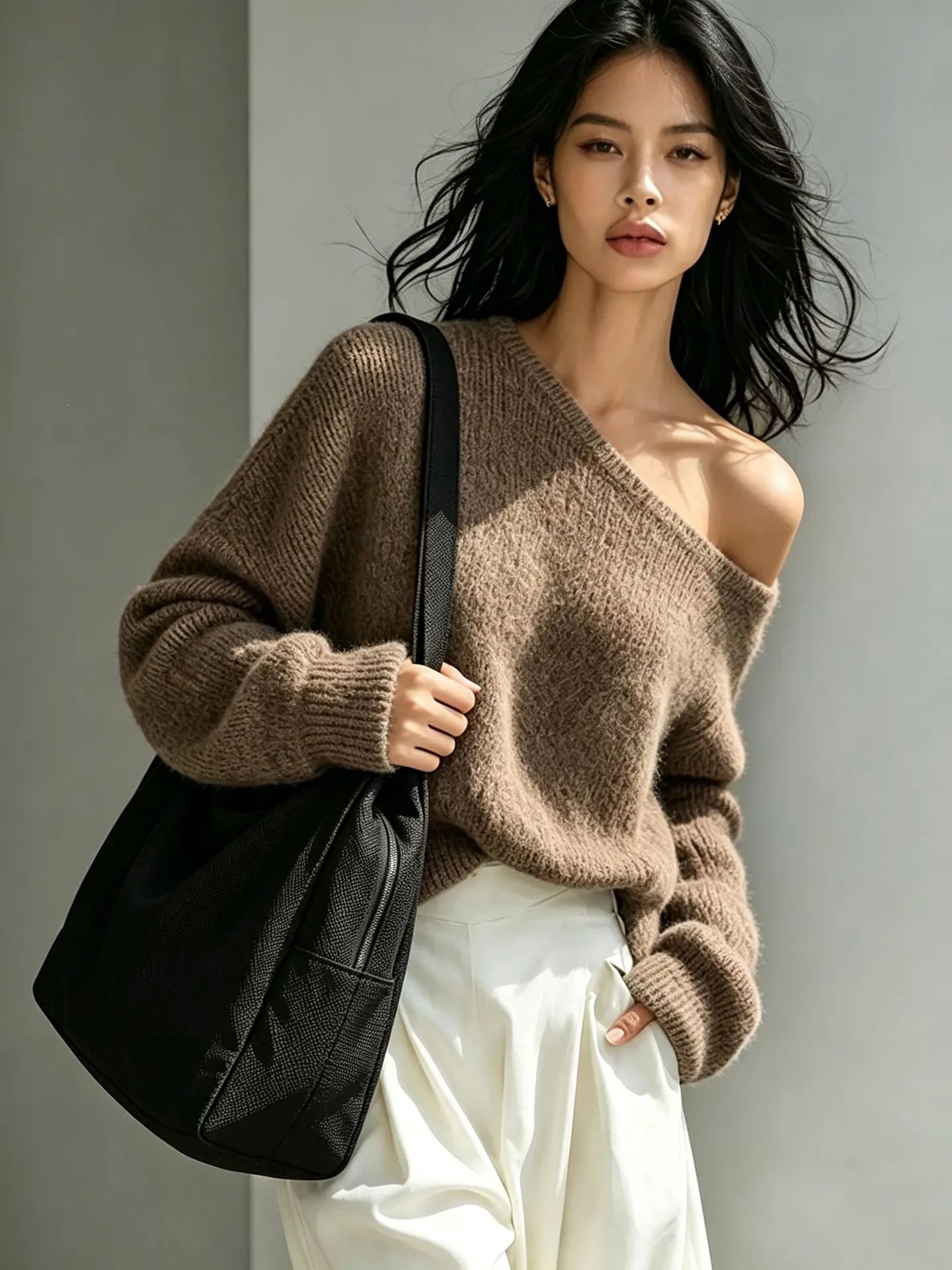 Casual Grey Off Shoulder Oversized Knit Top Loose Long Sleeve Pullover Sweater Fall Fashion