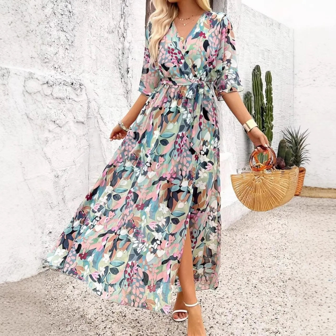 V-Neck 3/4 Sleeve Floral Print High Waist Split Maxi Dress