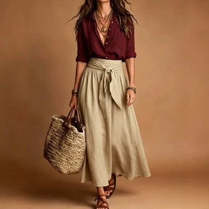 Color Matching Long Sleeve Shirt & Tie Waist Midi Skirt Two Piece Set