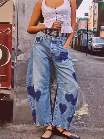 Heart Print Loose Wide Leg Casual Denim Pants