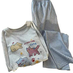 Kawaii Kitten Graphic 2 Piece Sleepwear, Grey Long Sleeve Tee & Blue Plaid Pants Ladies Pyjamas