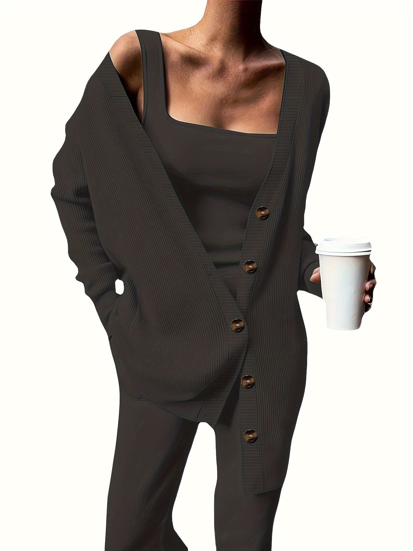 Beige Knit Cardigan, Cami Top & Wide-Leg Pants Set