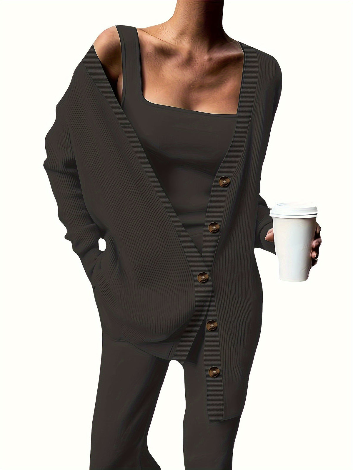 Beige Knit Cardigan, Cami Top & Wide-Leg Pants Set