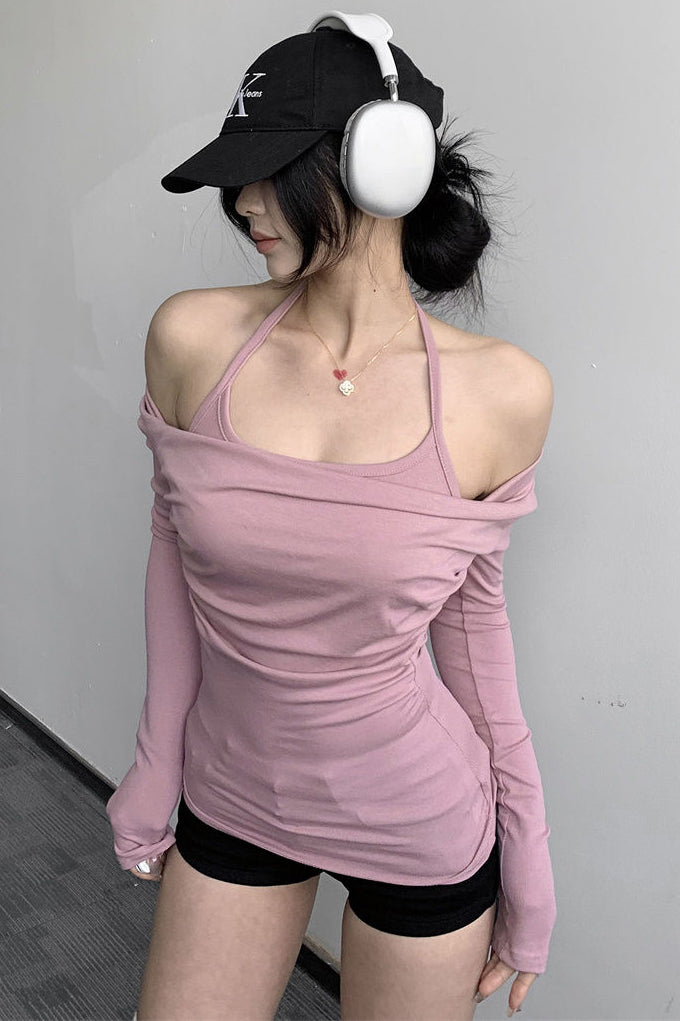 Off Shoulder Halter Long Sleeve Top Tee