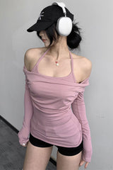 Off Shoulder Halter Long Sleeve Top Tee
