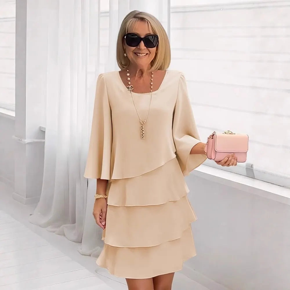 Solid Color Round Neck Layered Flared Sleeve Dress