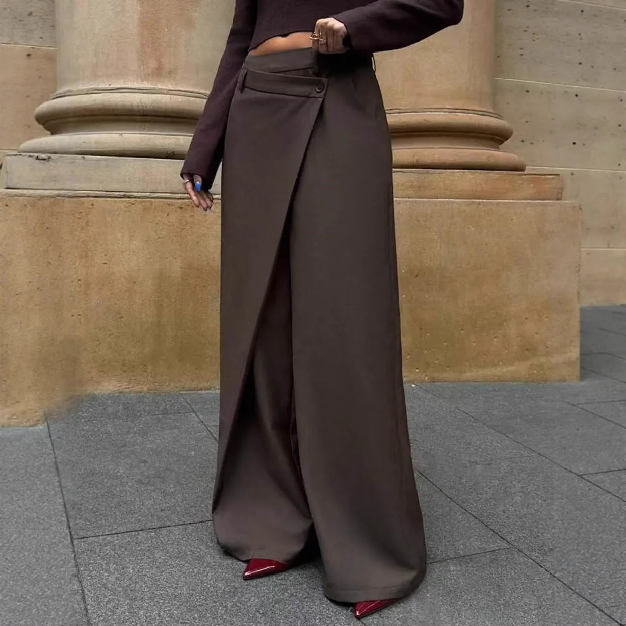 High Waist Asymmetrical Wrap Wide Leg Suit Pants