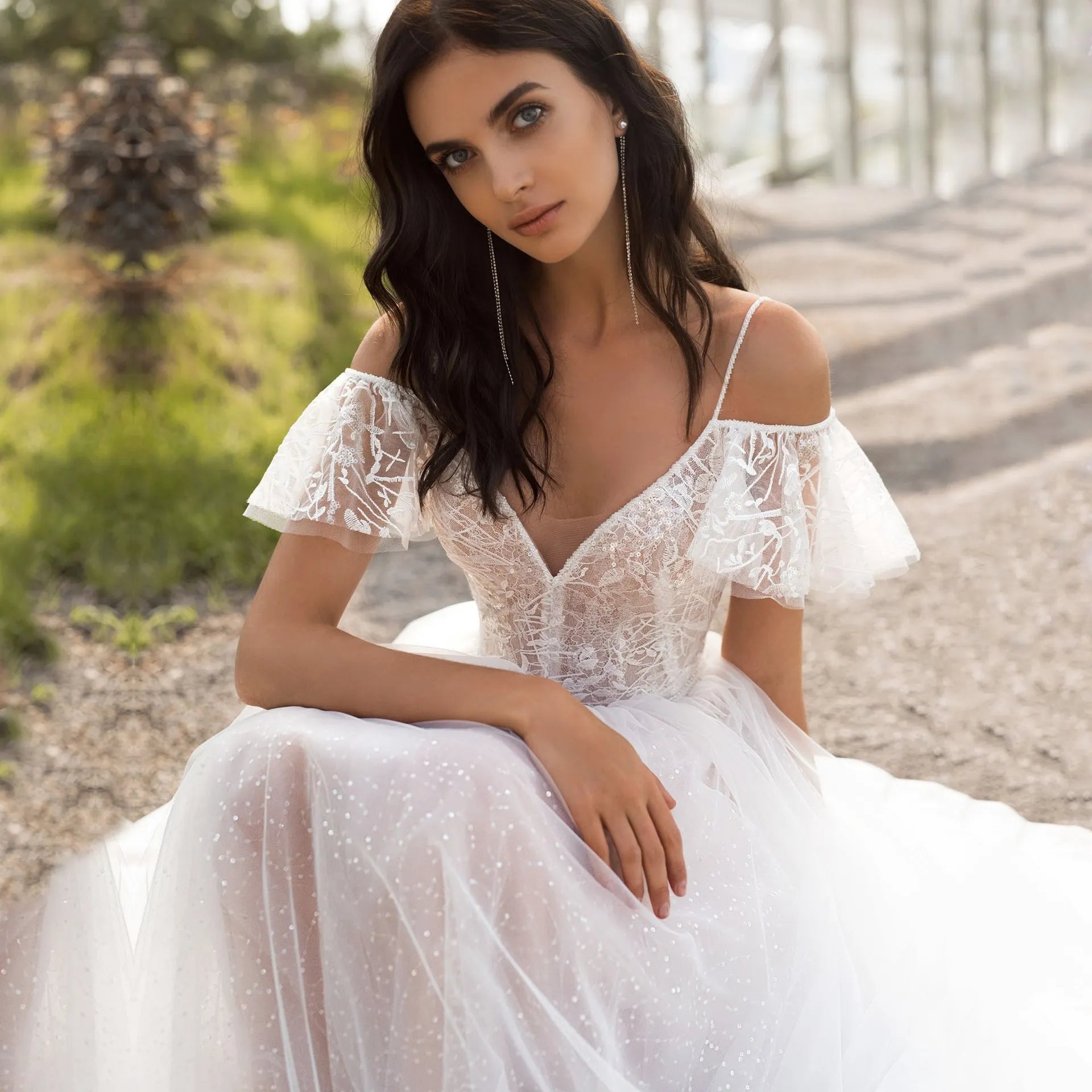 Off-the-Shoulder Sparkle Tulle Wedding Dress