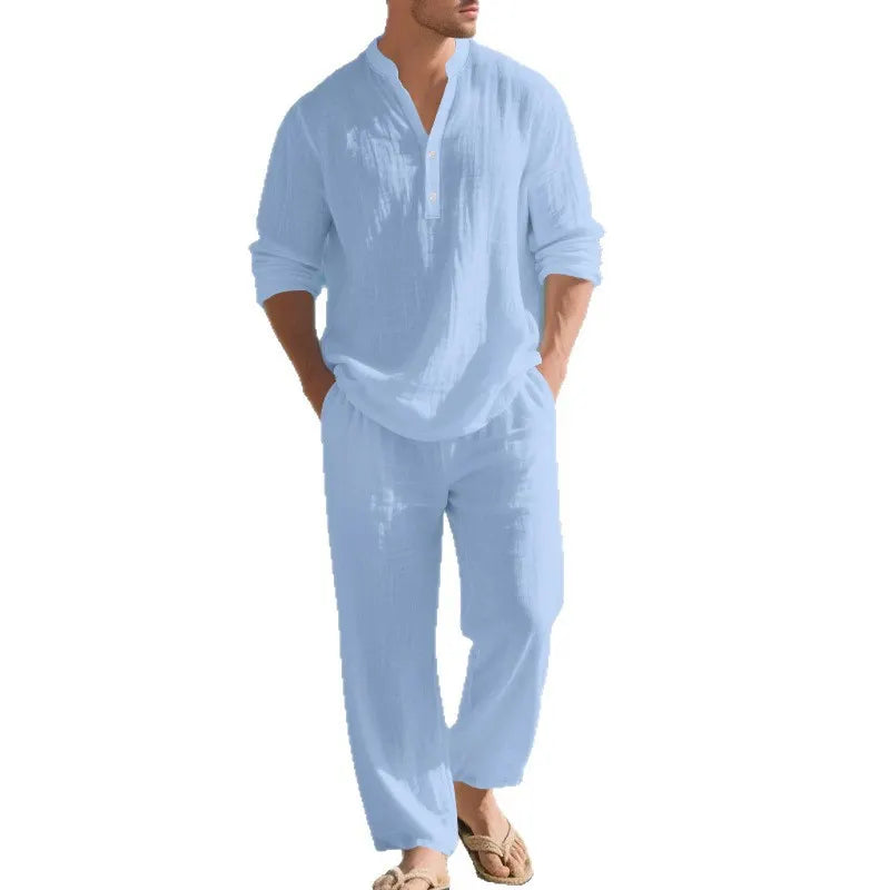 Men Stand Collar Half Button Linen Blend Long Sleeve Shirt