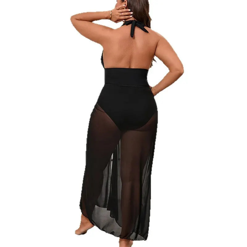 Starfish Detail Halter One-Piece Swimsuit & Sheer Cover-Up Maxi Dress Set