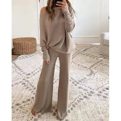 Waffle Knit Off Shoulder Oversized Top Wide Leg Pants Loungewear Set