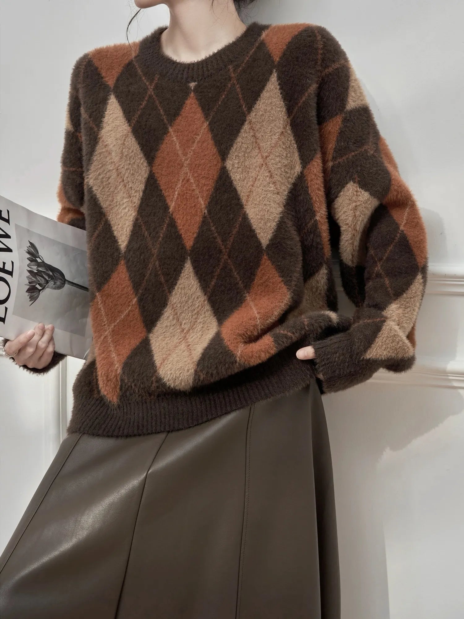 Crew Neck Argyle Knit Sweater