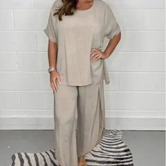 Solid Color Two-Piece Casual Loungewear Set (Top + Wide Leg Pants)