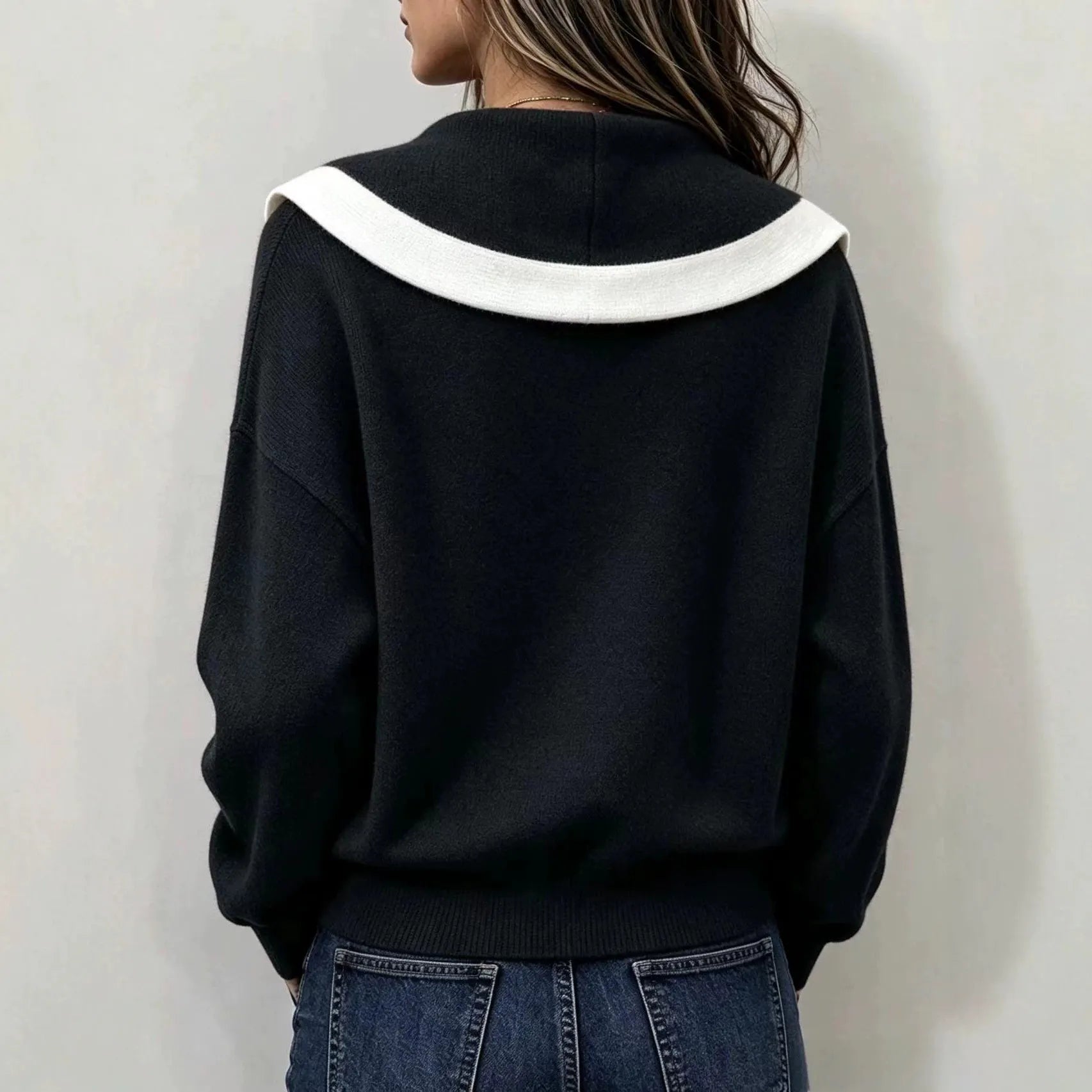 Sailor Collar Knit Cardigan, Contrast Trim Button Down Long Sleeve Sweater Top