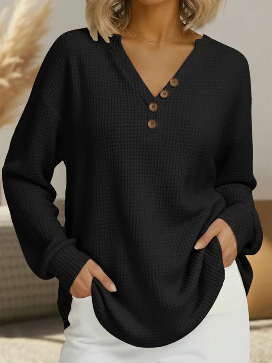 Waffle Knit Notch Henley V-Neck Long Sleeve Casual Top