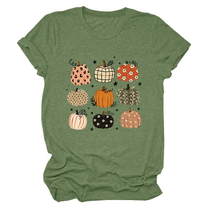 Leopard Floral Plaid Pumpkin Casual Short Sleeve Tee