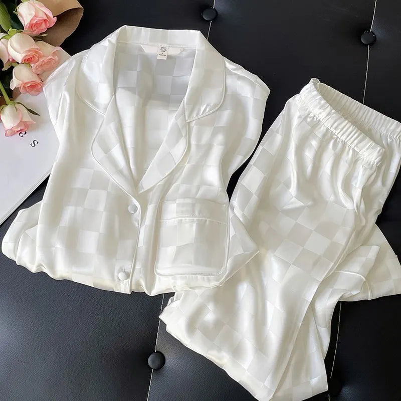 Cute Kitty Leopard Print Satin Ladies Sleepwear, 2 Piece Long Sleeve Top & Pants Pajamas