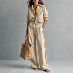 Beige Linen Two Piece Set Contrast Trim Shirt & Drawstring Wide Leg Pants