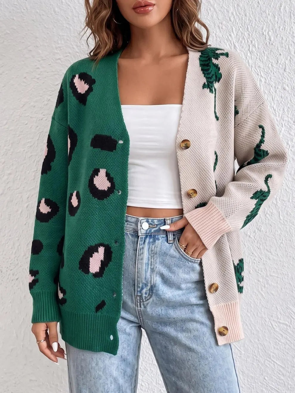 Color Block Leopard Tiger Print Knit Cardigan V Neck Button Down Oversized Sweater Coat