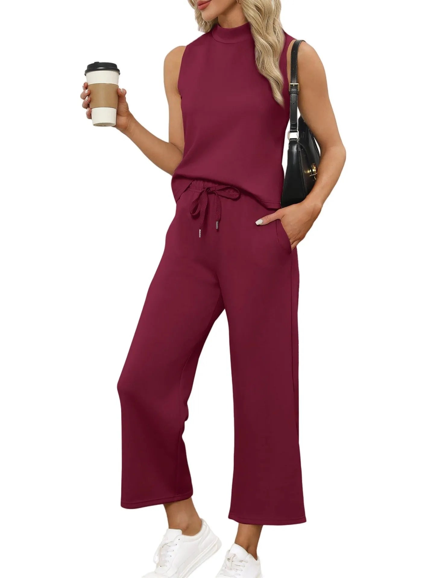 Sleeveless Mock Neck Top & Wide Leg Pants Casual Two-Piece Set