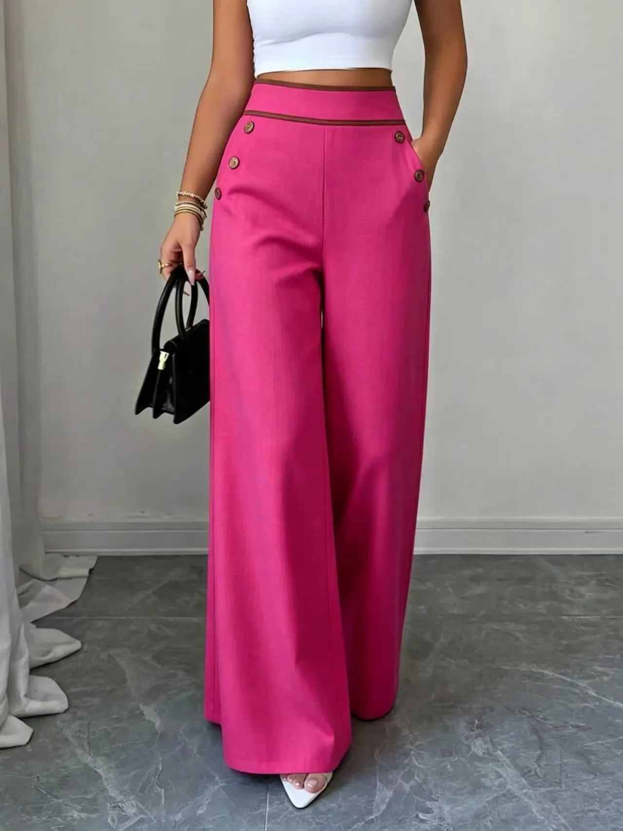 High Waist Button Decor Wide Leg Suit Pants