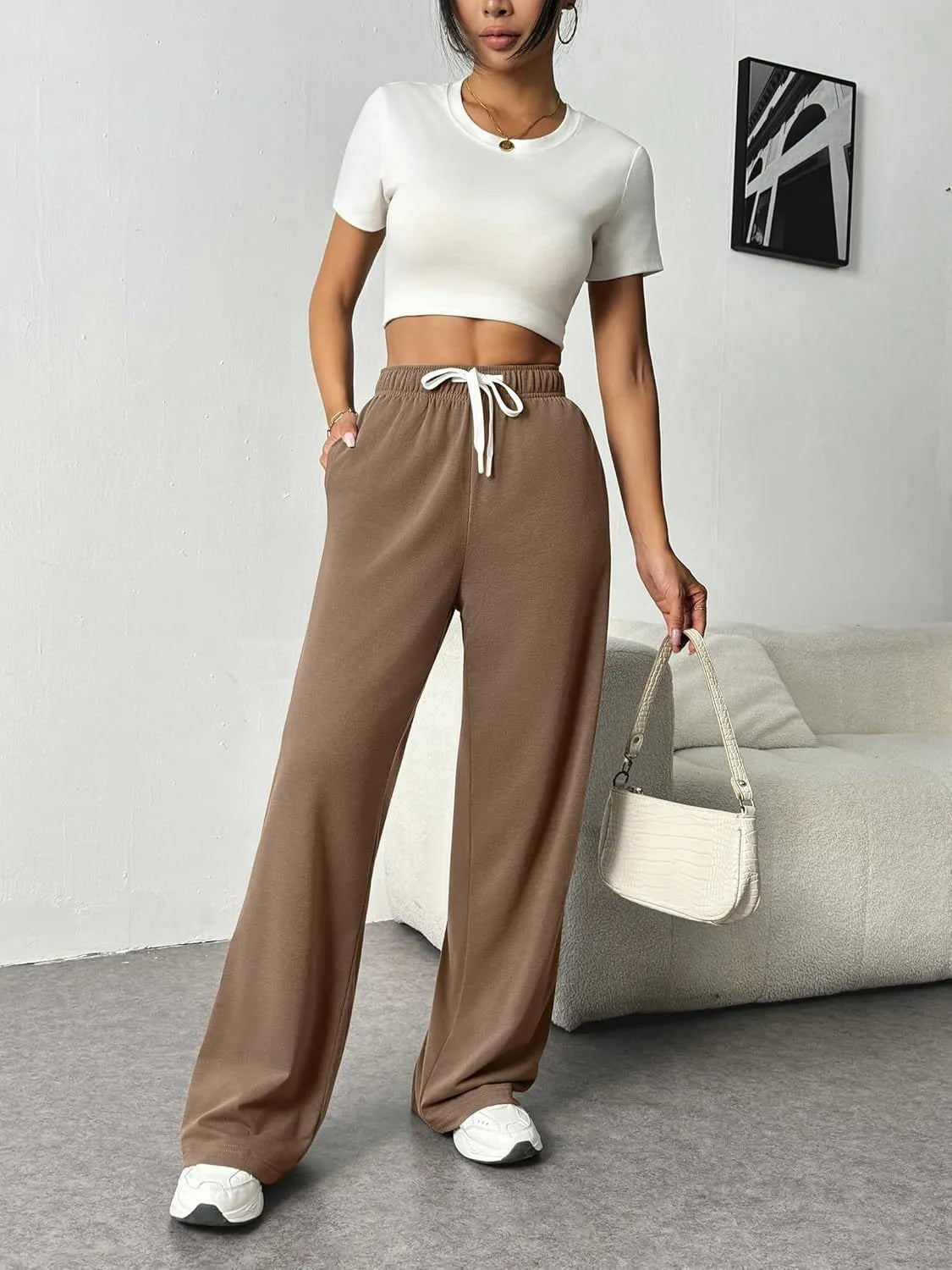 Elastic Drawstring High Waist Solid Wide Leg Sweatpants