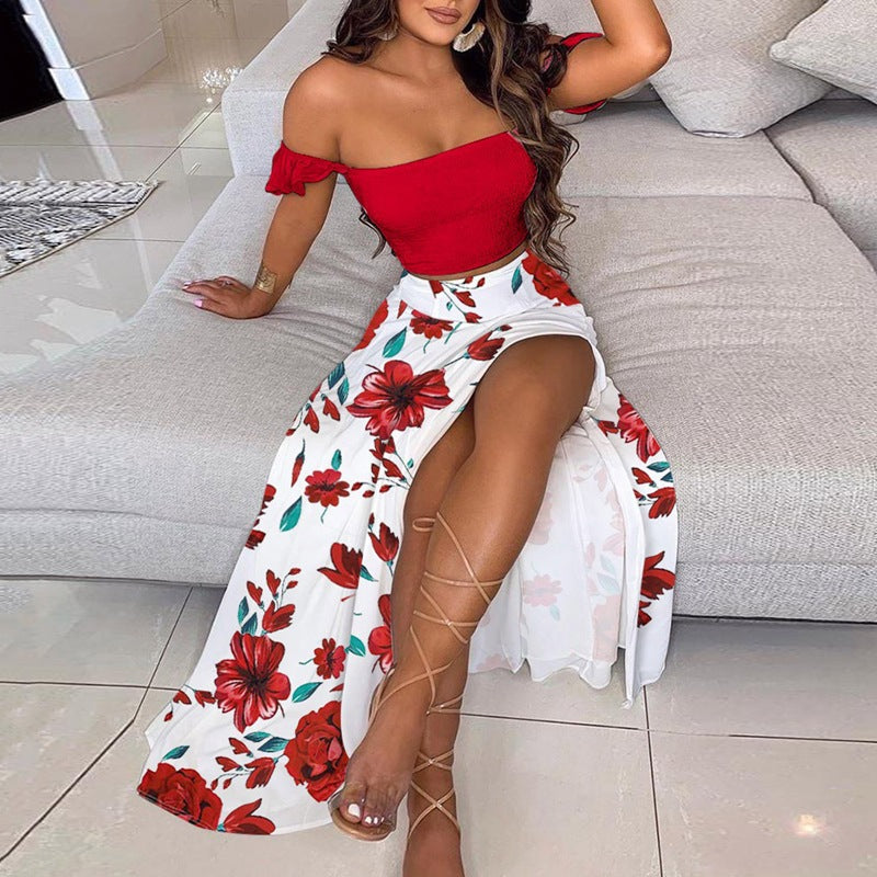 Off Shoulder Ruffle Crop Top & Floral Print High Slit Maxi Skirt 2 Piece Outfit Set