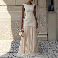 Solid Boat-Neck Top & Pleated Maxi Skirt Two-Piece Set